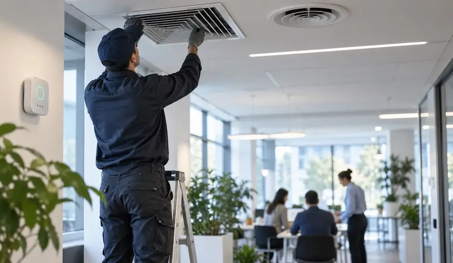 Pessoa em escada ajusta grade de ventilação no teto de um escritório, com plantas e colegas reunidos ao fundo