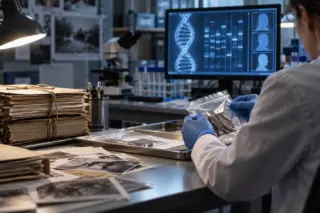 Perita de costas com jaleco e luvas segurando um saco plástico com vestígio; mesa com pilhas de pastas e fotografias; monitor exibe representação de DNA