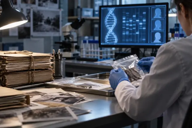 Perita de costas com jaleco e luvas segurando um saco plástico com vestígio; mesa com pilhas de pastas e fotografias; monitor exibe representação de DNA