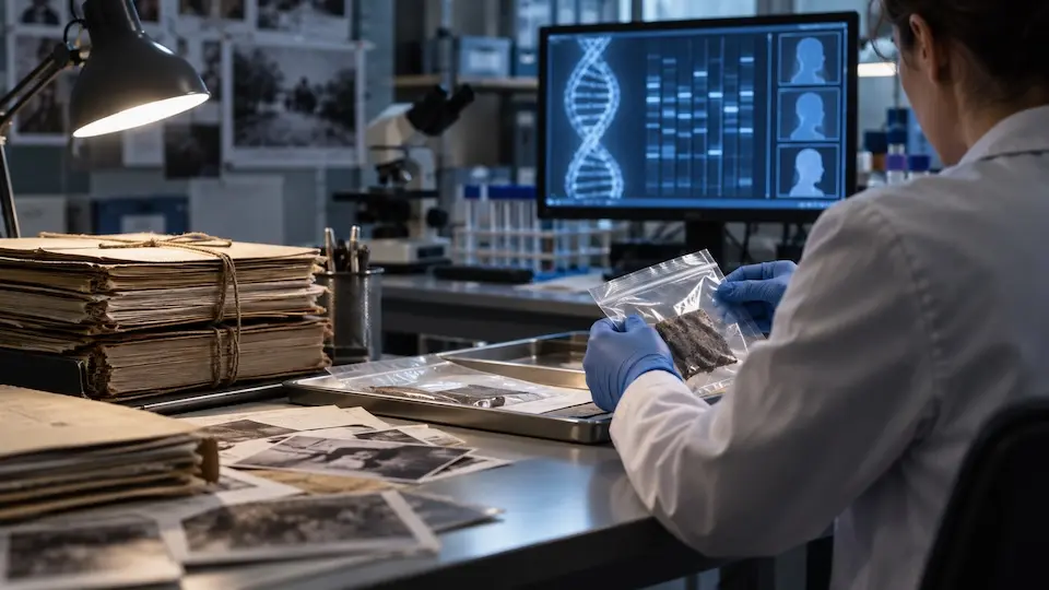 Perita de costas com jaleco e luvas segurando um saco plástico com vestígio; mesa com pilhas de pastas e fotografias; monitor exibe representação de DNA
