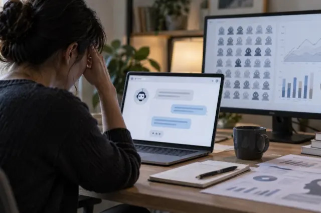Pessoa sentada de costas com a mão na cabeça diante de laptop exibindo bolhas de conversa; monitor ao lado mostra gráficos