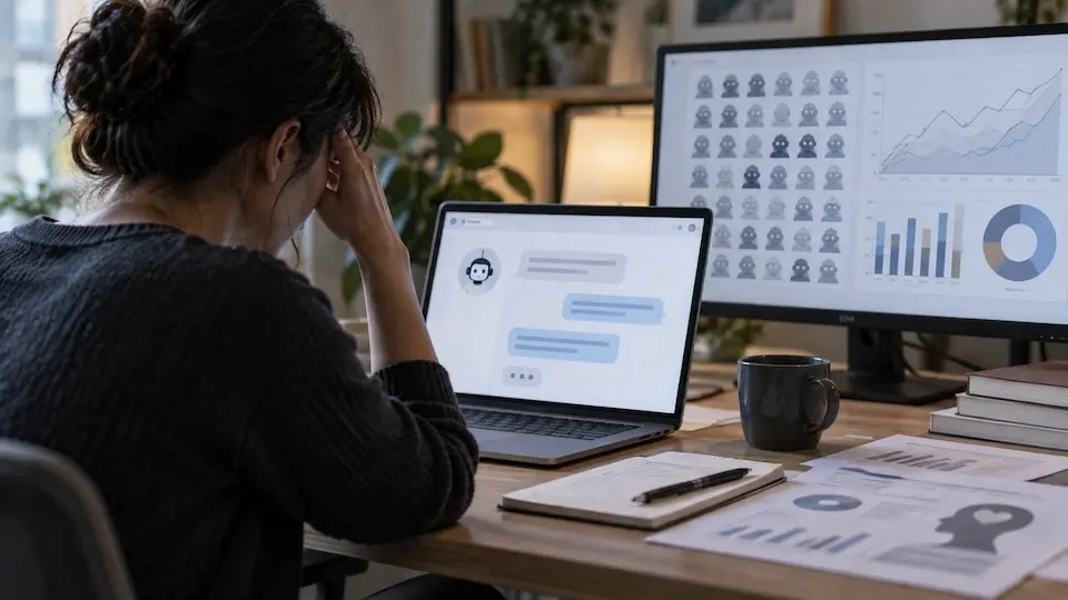 Pessoa sentada de costas com a mão na cabeça diante de laptop exibindo bolhas de conversa; monitor ao lado mostra gráficos
