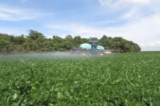 pulverizador autopropelido azul aplicando calda sobre lavoura com névoa visível