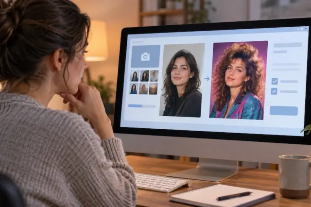 Mulher observando um monitor que mostra um antes e depois de transformação de foto em retrato com estética anos 1980