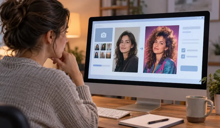 Mulher observando um monitor que mostra um antes e depois de transformação de foto em retrato com estética anos 1980