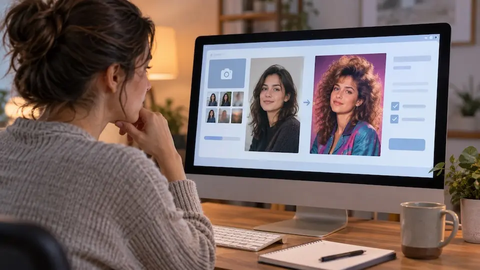 Mulher observando um monitor que mostra um antes e depois de transformação de foto em retrato com estética anos 1980
