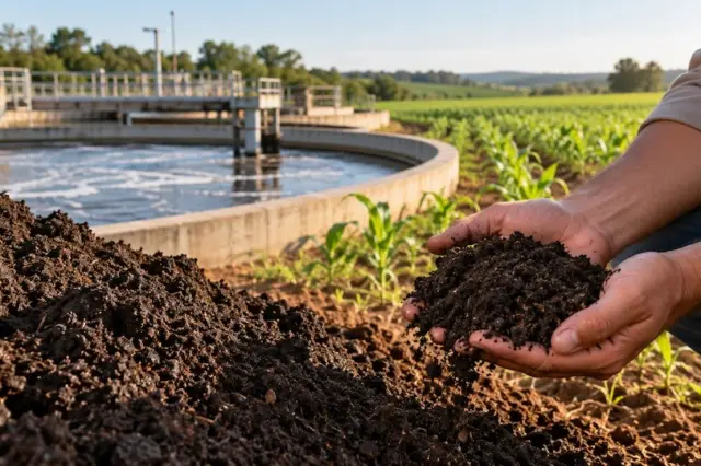 mãos segurando composto orgânico escuro sobre um monte, com tanque de tratamento e campo agrícola ao fundo