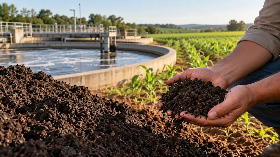 mãos segurando composto orgânico escuro sobre um monte, com tanque de tratamento e campo agrícola ao fundo