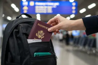 Mão segurando um passaporte vinho com brasão dourado, sendo colocada no bolso frontal de uma mochila preta num terminal de aeroporto