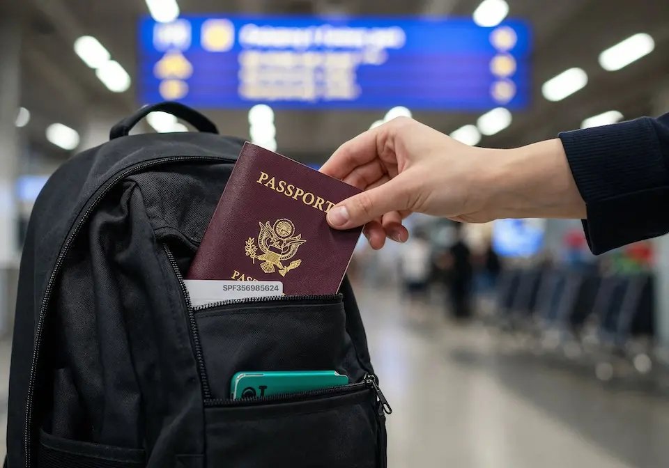 Mão segurando um passaporte vinho com brasão dourado, sendo colocada no bolso frontal de uma mochila preta num terminal de aeroporto