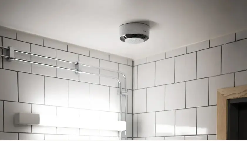 Sensor circular branco montado no teto de um ambiente com azulejos brancos, luminária de parede e eletrodutos metálicos