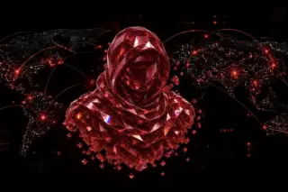Busto capuzado em estilo cristal vermelho facetado sobre mapa-múndi escuro com arcos e pontos vermelhos conectando regiões