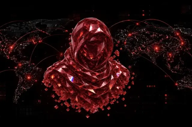 Busto capuzado em estilo cristal vermelho facetado sobre mapa-múndi escuro com arcos e pontos vermelhos conectando regiões