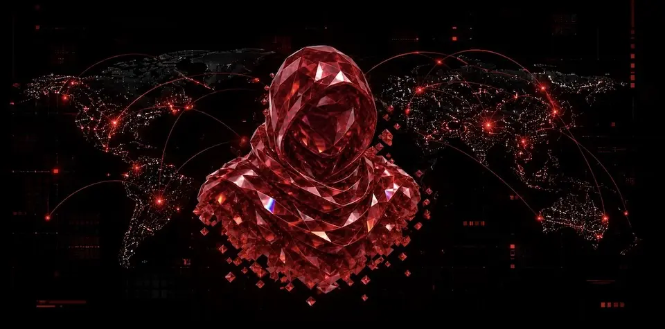 Busto capuzado em estilo cristal vermelho facetado sobre mapa-múndi escuro com arcos e pontos vermelhos conectando regiões