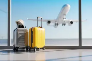 Duas malas rígidas, uma prata e outra amarela, junto a uma janela do terminal, com avião ao fundo
