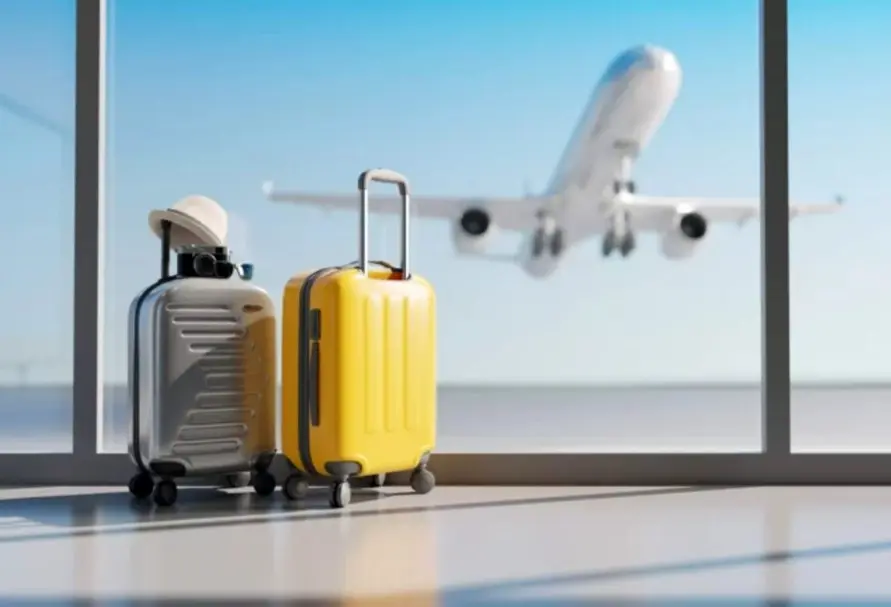 Duas malas rígidas, uma prata e outra amarela, junto a uma janela do terminal, com avião ao fundo