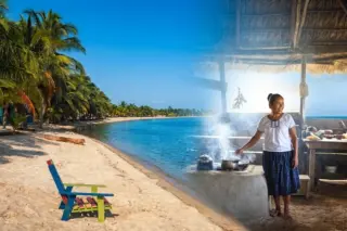 colagem com praia tropical à esquerda e interior de cabana com mulher cozinhando à direita