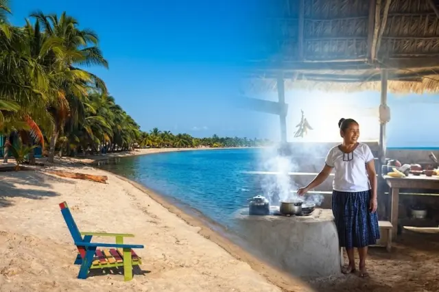 colagem com praia tropical à esquerda e interior de cabana com mulher cozinhando à direita
