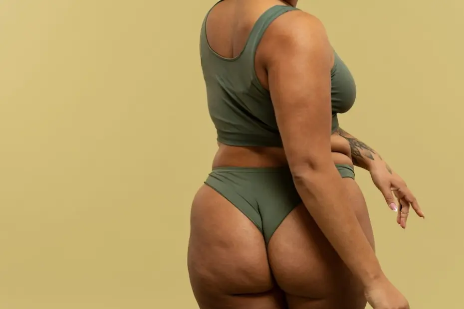 Tronco e parte inferior do corpo de mulher com top e calcinha verdes, mostrando ondulações de pele (celulite) nos glúteos e coxas, fundo bege
