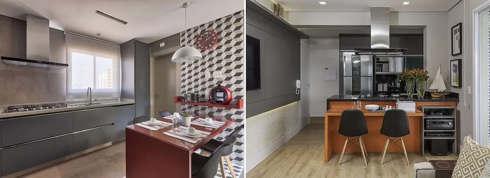 duas cozinhas integradas mostrando ilha com banquetas e bancada de trabalho