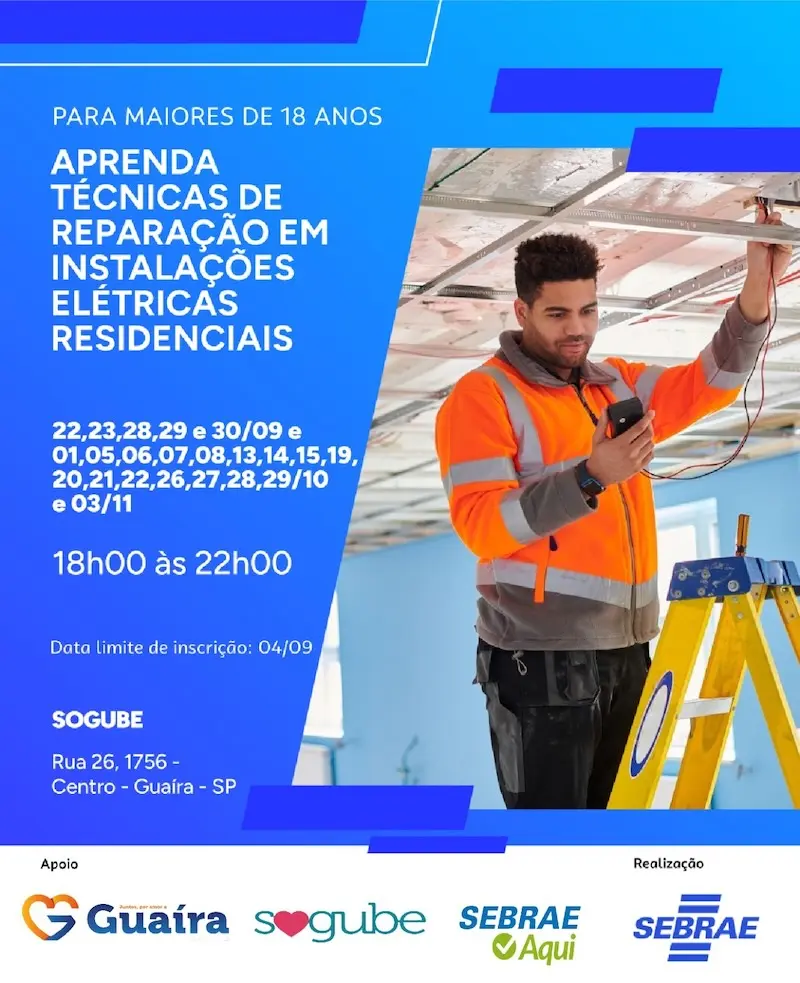 Cartaz azul com texto sobre curso de reparação em instalações elétricas residenciais, datas, horário e logos
