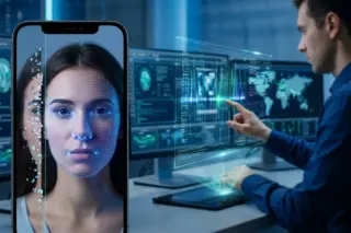 Tela de smartphone exibindo rosto com malha de reconhecimento facial ao lado de técnico manipulando monitores e interfaces de dados