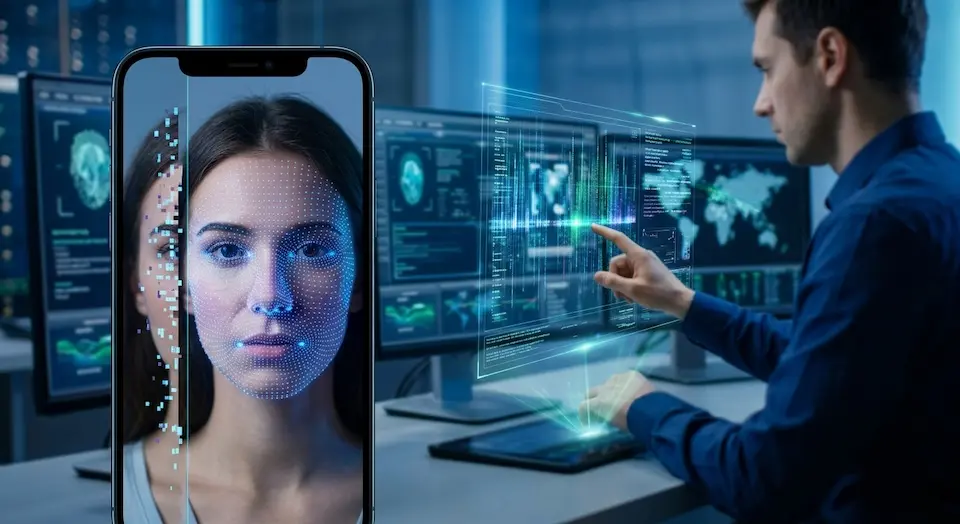 Tela de smartphone exibindo rosto com malha de reconhecimento facial ao lado de técnico manipulando monitores e interfaces de dados
