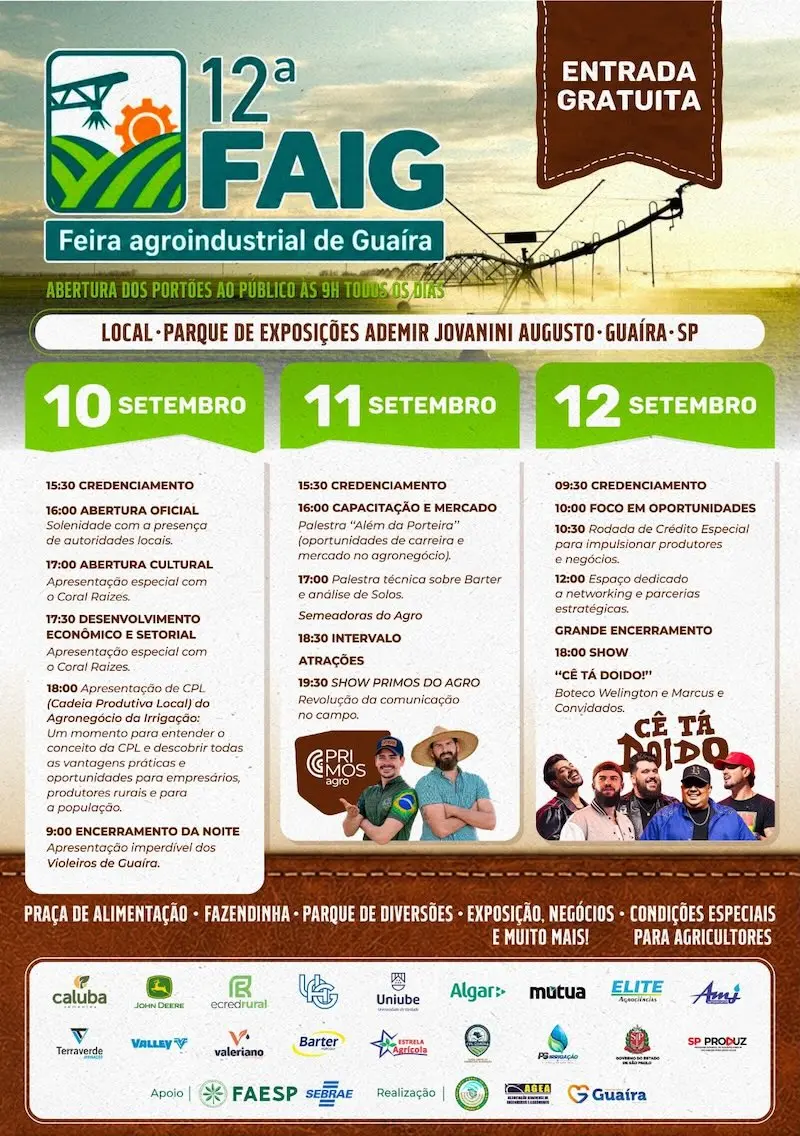 Cartaz com logotipo 12ª FAIG, datas 10, 11 e 12 de setembro e programação detalhada com logos de patrocinadores