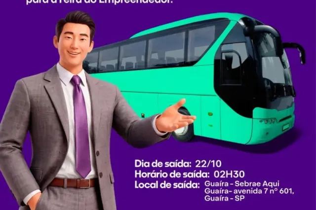 Cartaz roxo promovendo caravana para a FE26, com homem de terno e um ônibus turquesa, informações sobre data, hora e local e logos do Sebrae e de Guaíra