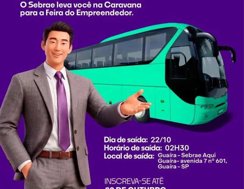 Cartaz roxo promovendo caravana para a FE26, com homem de terno e um ônibus turquesa, informações sobre data, hora e local e logos do Sebrae e de Guaíra