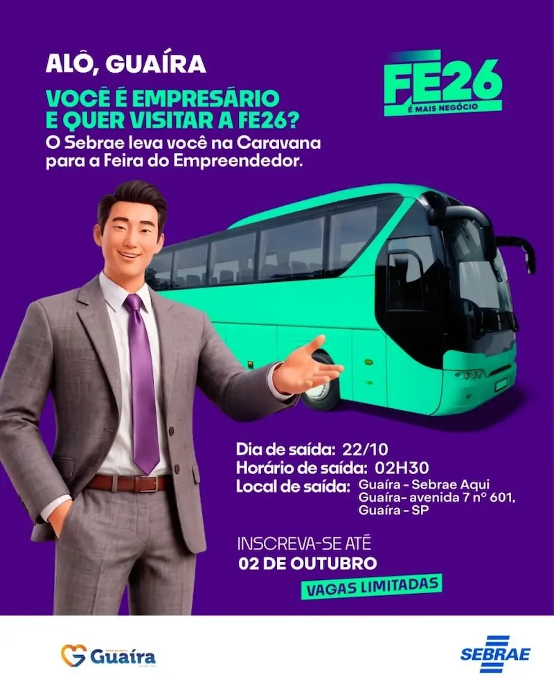 Cartaz roxo promovendo caravana para a FE26, com homem de terno e um ônibus turquesa, informações sobre data, hora e local e logos do Sebrae e de Guaíra