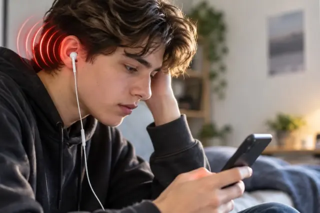 jovem usando fones de ouvido brancos com fio enquanto olha para um smartphone