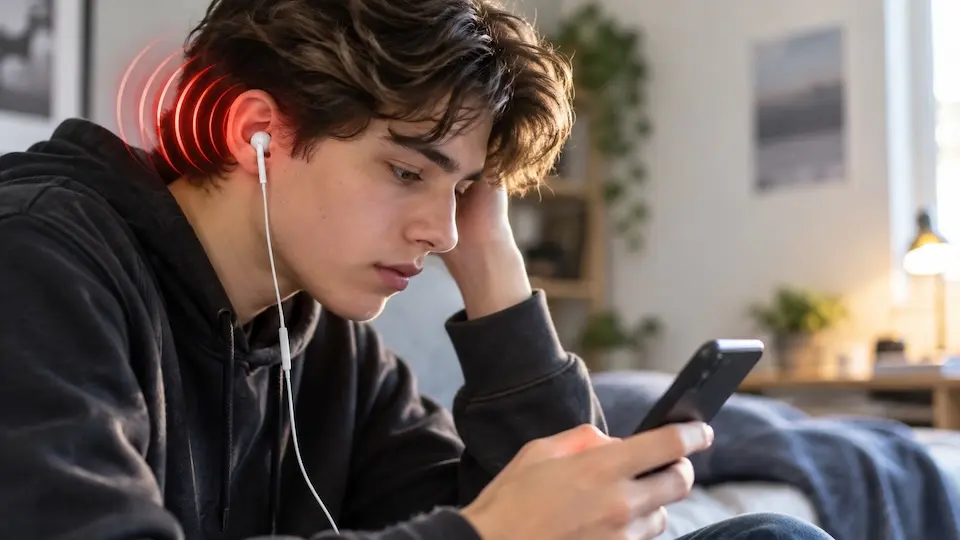 jovem usando fones de ouvido brancos com fio enquanto olha para um smartphone