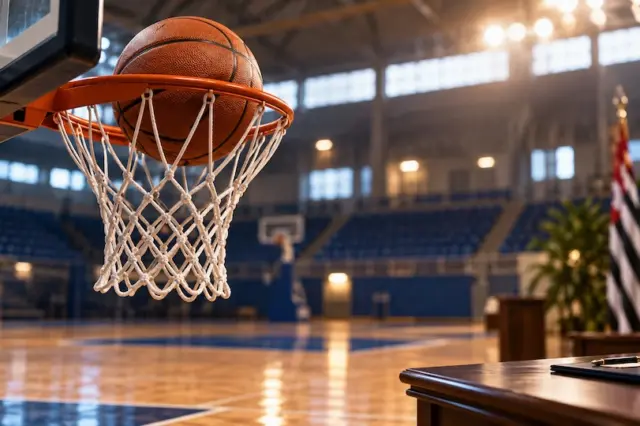 Bola de basquete passando pela rede de uma cesta em ginásio, com arquibancadas vazias, mesa e bandeiras ao fundo