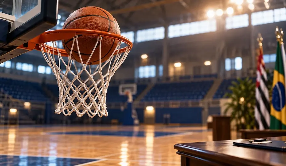 Bola de basquete passando pela rede de uma cesta em ginásio, com arquibancadas vazias, mesa e bandeiras ao fundo