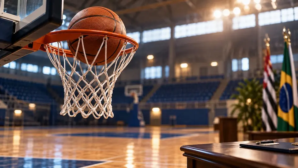 Bola de basquete passando pela rede de uma cesta em ginásio, com arquibancadas vazias, mesa e bandeiras ao fundo