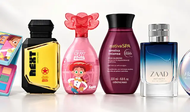 paleta de sombras colorida com ilustração de personagens de Toy Story à esquerda; frasco amarelo Next; frasco rosa Sophie com ilustração da Jessie; frasco Nativa SPA Ameixa Intensa em tom vinho; frasco Zaad Infinity com degradê azul; frasco redondo Floratta Blue Crystal com padrão floral