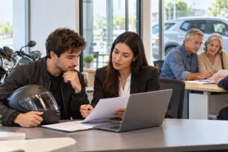 Consultora em traje formal mostrando documentos a um homem jovem que segura um capacete, com laptop sobre a mesa e motocicleta visível ao fundo