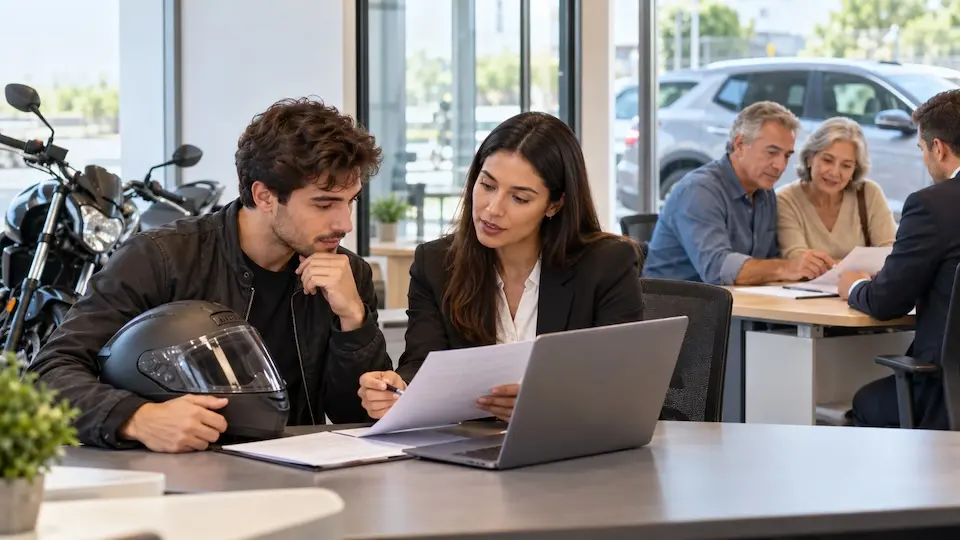 Consultora em traje formal mostrando documentos a um homem jovem que segura um capacete, com laptop sobre a mesa e motocicleta visível ao fundo