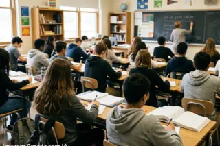 Alunos sentados em carteiras em sala de aula enquanto professora escreve no quadro-negro