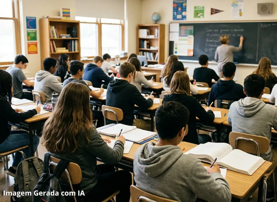 Alunos sentados em carteiras em sala de aula enquanto professora escreve no quadro-negro