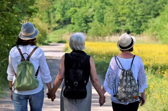 Três mulheres vistas de costas caminhando em uma trilha entre vegetação e um campo de flores amarelas, usando chapéus e mochilas