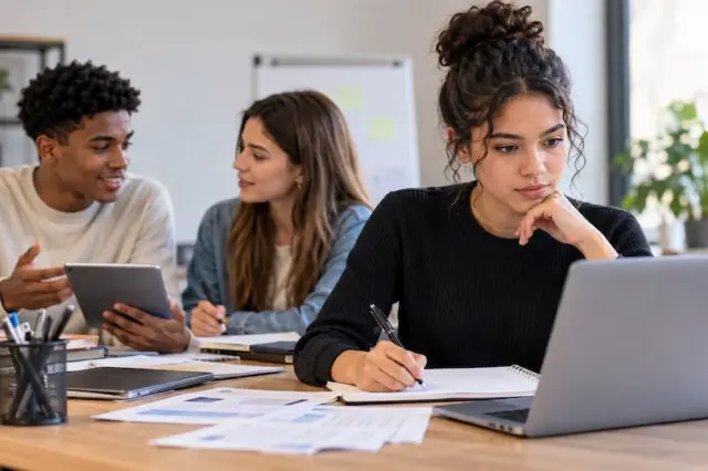 três jovens reunidos em mesa; mulher em primeiro plano usa notebook e anota em caderno, ao fundo dois jovens conversam com um tablet