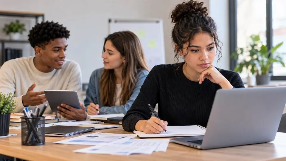 três jovens reunidos em mesa; mulher em primeiro plano usa notebook e anota em caderno, ao fundo dois jovens conversam com um tablet