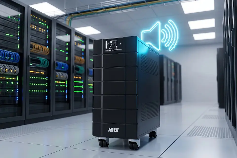 Nobreak preto com display e logotipo NHS em um corredor de data center, com racks de servidores ao fundo e ícone sonoro holográfico azul