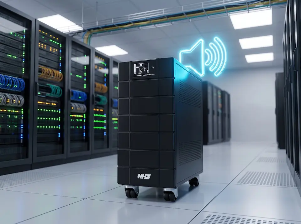 Nobreak preto com display e logotipo NHS em um corredor de data center, com racks de servidores ao fundo e ícone sonoro holográfico azul