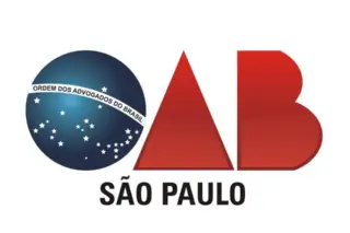 Logotipo da OAB São Paulo: esfera azul com faixa branca e estrelas e letras vermelhas 'OAB' com 'SÃO PAULO' abaixo
