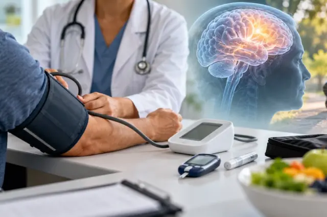 médico medindo pressão arterial de paciente com manguito, medidor de glicemia e tigela de frutas em primeiro plano e ilustração de cérebro ao fundo