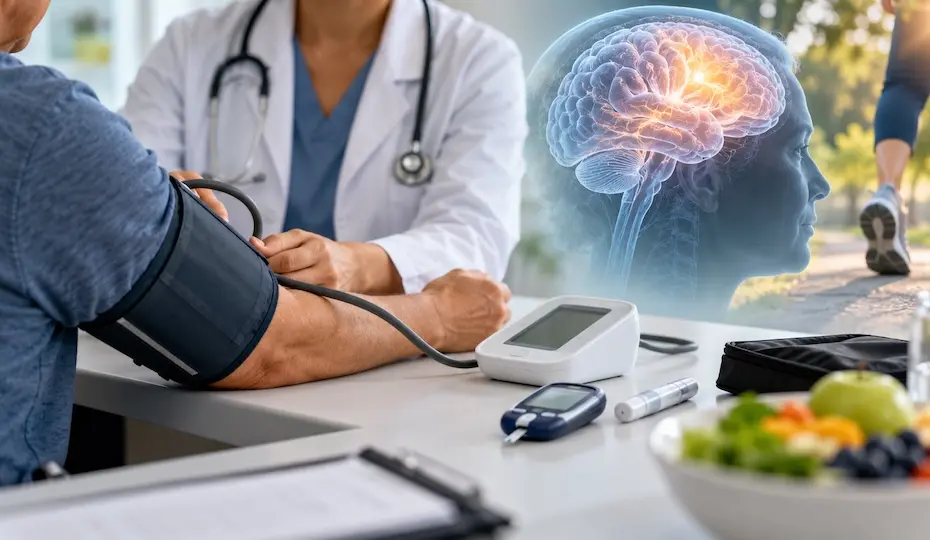 médico medindo pressão arterial de paciente com manguito, medidor de glicemia e tigela de frutas em primeiro plano e ilustração de cérebro ao fundo