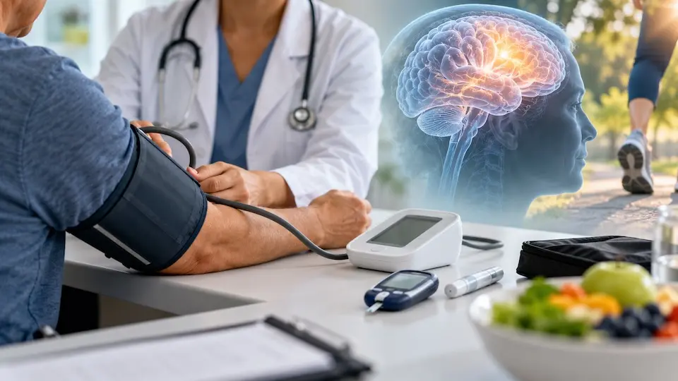 médico medindo pressão arterial de paciente com manguito, medidor de glicemia e tigela de frutas em primeiro plano e ilustração de cérebro ao fundo